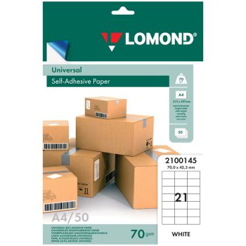 Бумага самоклеящаяся А4 50л. Lomond, белая, 21 фр. (70*42,3), 70г/м2 Бумага самоклеящаяся А4 50л. Lomond, белая, 21 фр. (70*42,3), 70г/м2