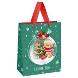 Пакет подарочный 11*14*6,5см MESHU "Christmas bear", выборочный лак,  матовая ламинация