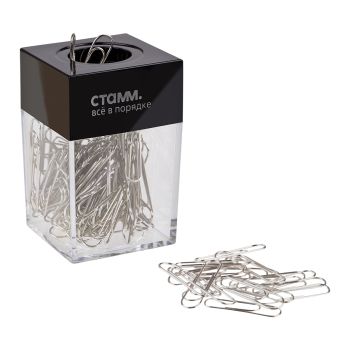Скрепочница магнитная СТАММ, 100 никелированных скрепок, прозрачный корпус, картонная коробка